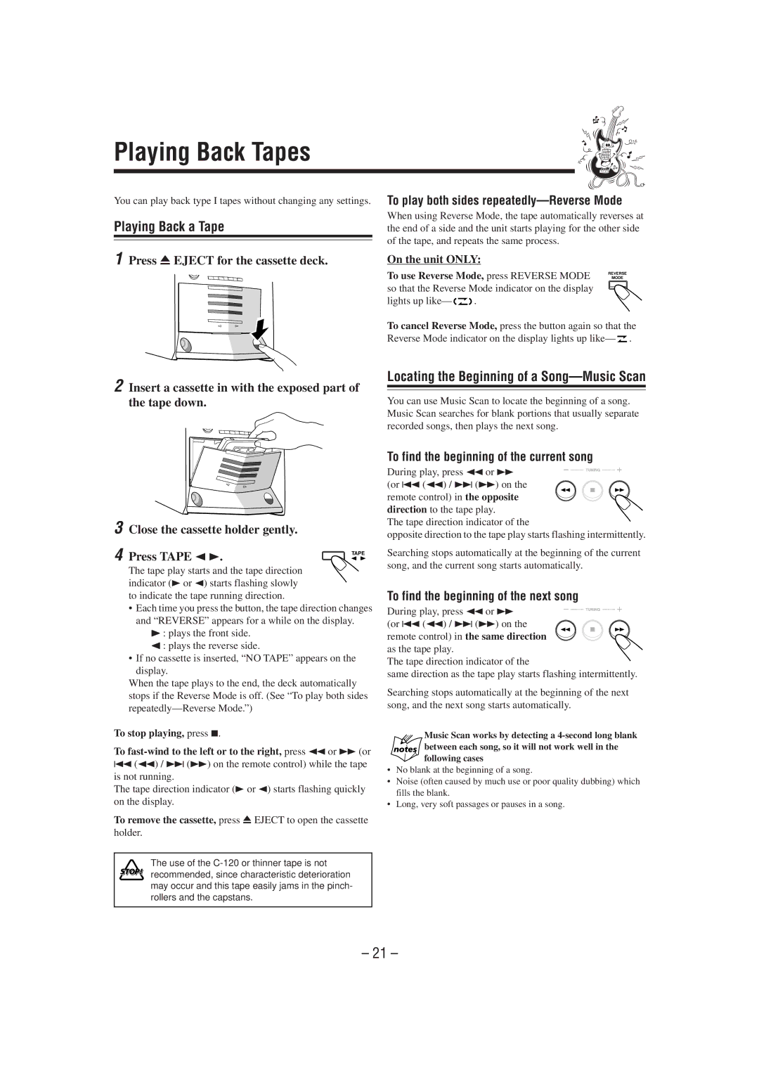 JVC GVT0077-008A manual Playing Back Tapes, Playing Back a Tape, Locating the Beginning of a Song-Music Scan 