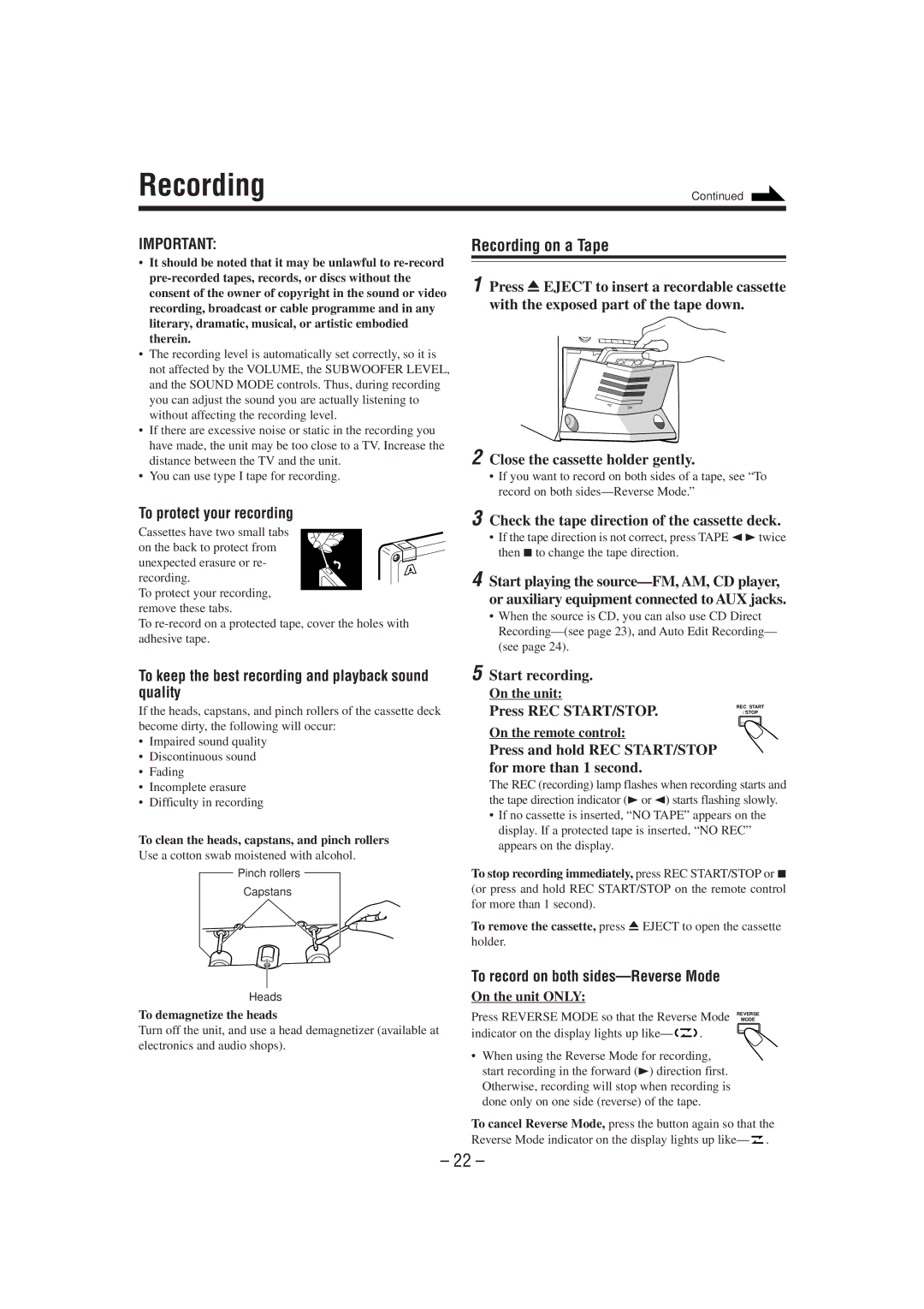 JVC GVT0077-008A manual Recording on a Tape, To keep the best recording and playback sound quality 