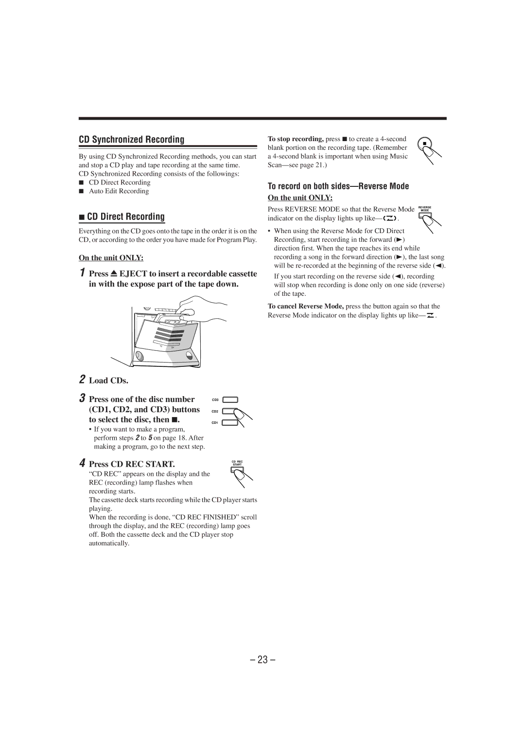 JVC GVT0077-008A manual CD Synchronized Recording, CD Direct Recording, Press CD REC Start 