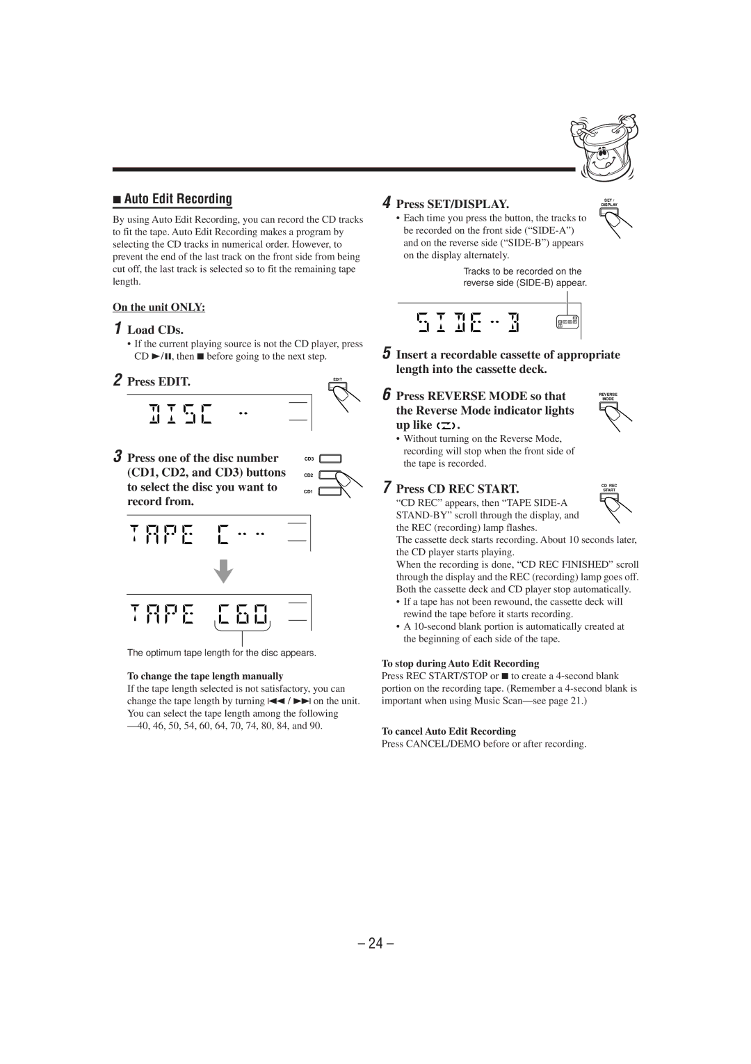 JVC GVT0077-008A manual Press Edit, Record from, Reverse Mode indicator lights Up like 