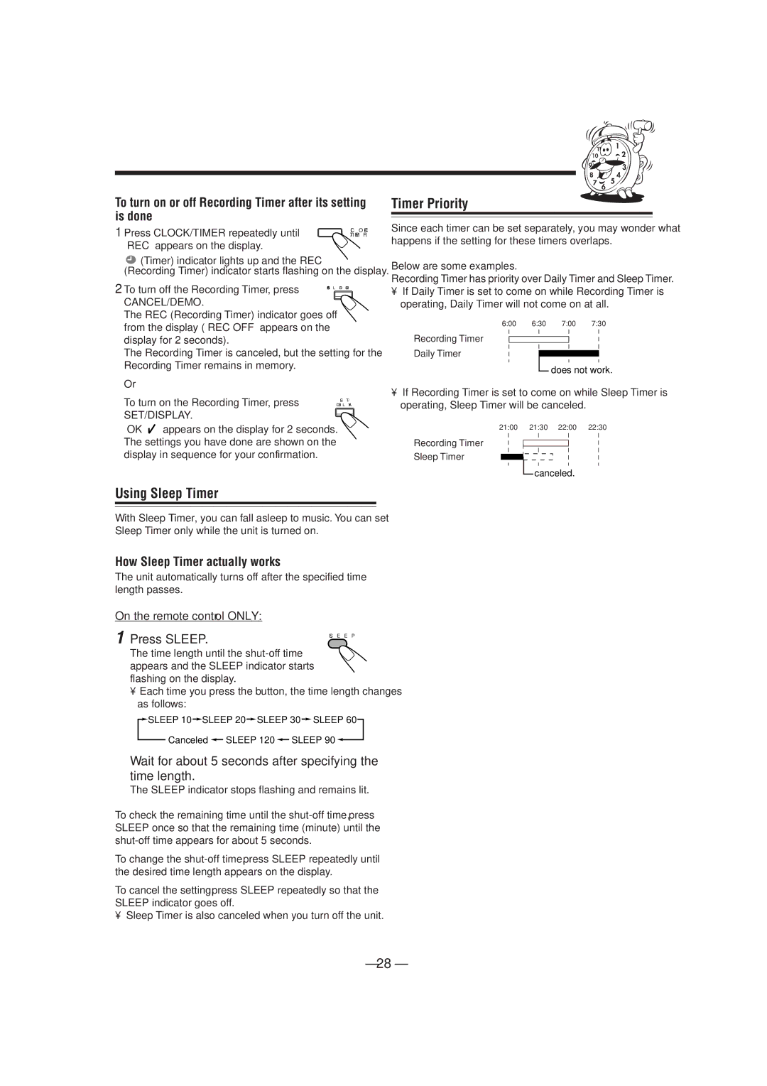 JVC GVT0077-008A manual Using Sleep Timer, Timer Priority, To turn on or off Recording Timer after its setting is done 