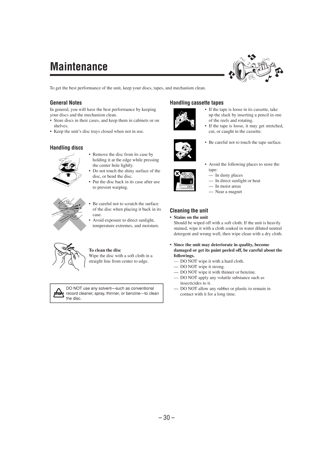 JVC GVT0077-008A manual Maintenance, General Notes, Handling discs, Handling cassette tapes, Cleaning the unit 