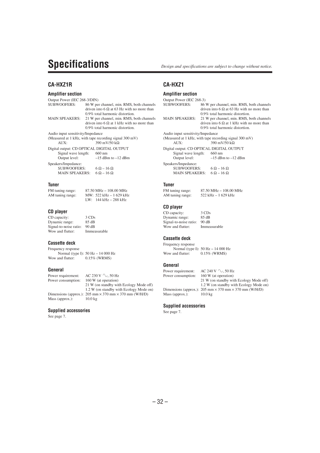 JVC GVT0077-008A manual Specifications, CA-HXZ1R 