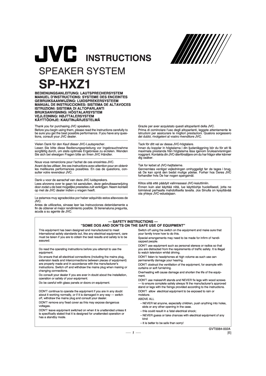 JVC GVT0077-008A manual Instructions, SP-HXZ1, Speaker System 