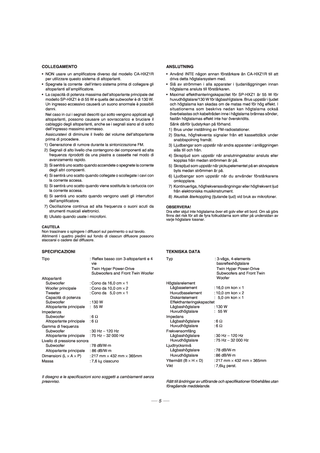 JVC GVT0077-008A manual Collegamento, Anslutning, Specificazioni, Tekniska Data 
