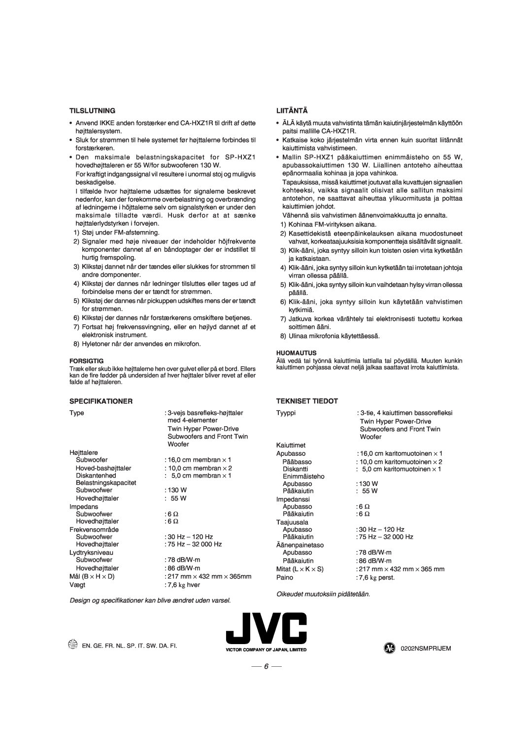 JVC GVT0077-008A manual Tilslutning, Liitäntä, Specifikationer, Tekniset Tiedot 