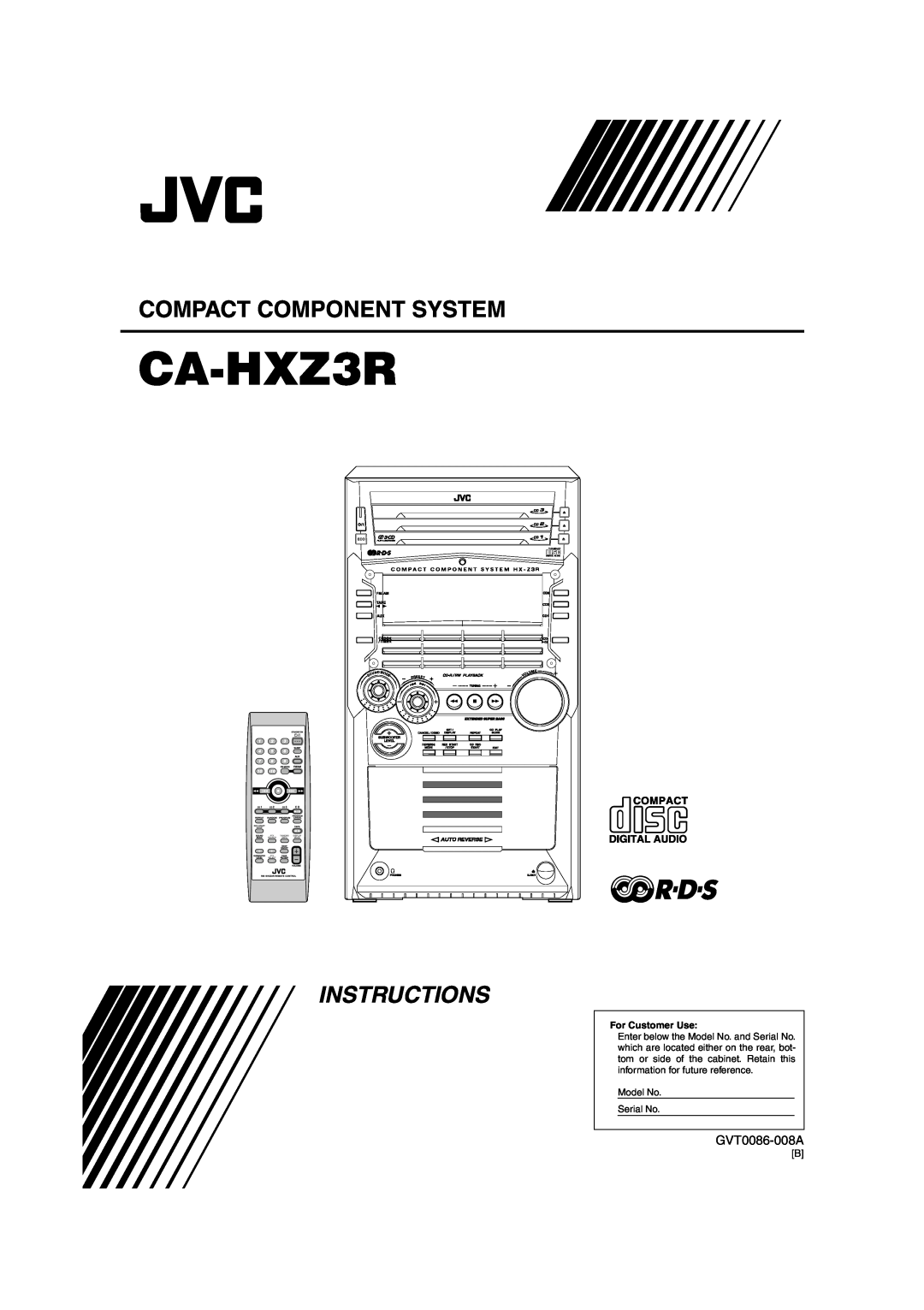 JVC CA-HXZ3R manual Compact Component System, Instructions, For Customer Use, Olume, Eset, Compact Digital Audio 