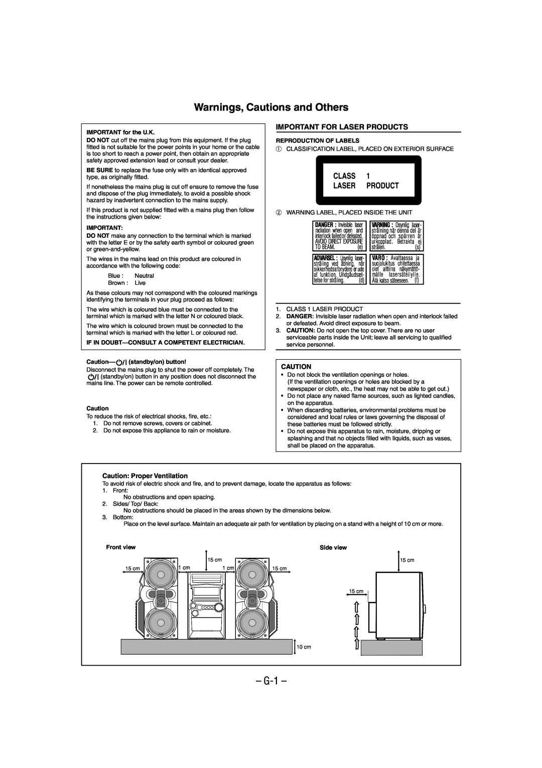 JVC GVT0086-008A manual Warnings, Cautions and Others, G-1, Caution Proper Ventilation, IMPORTANT for the U.K, Front view 