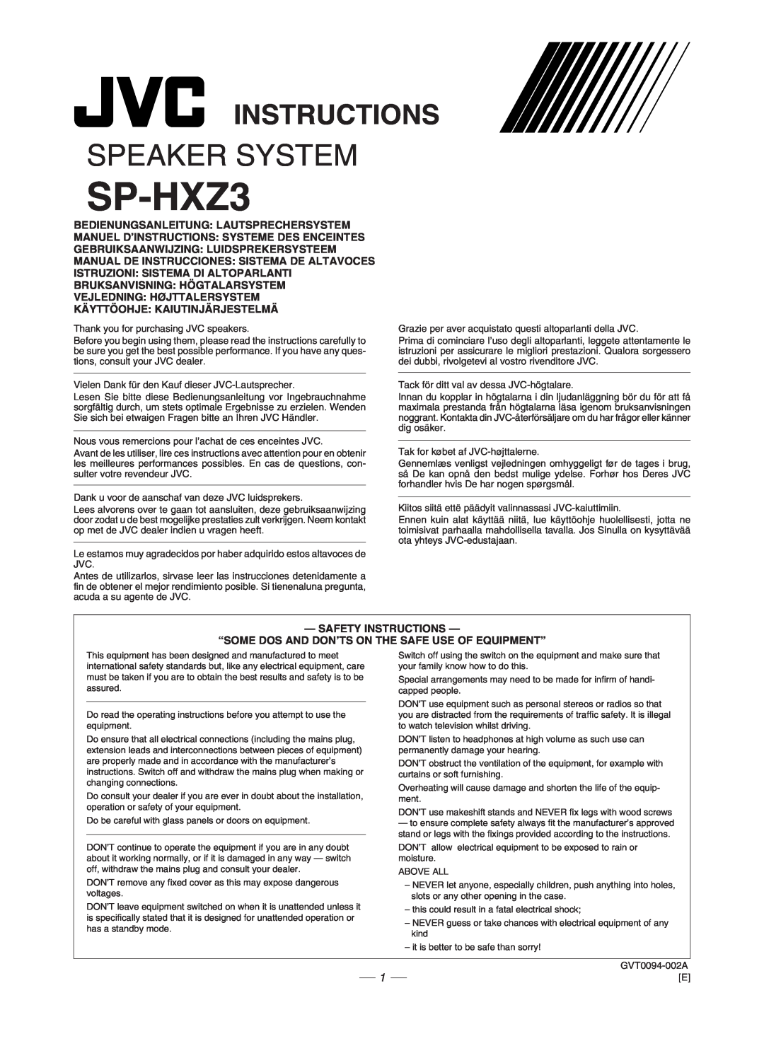 JVC GVT0086-008A, CA-HXZ3R manual Instructions, SP-HXZ3, Speaker System 