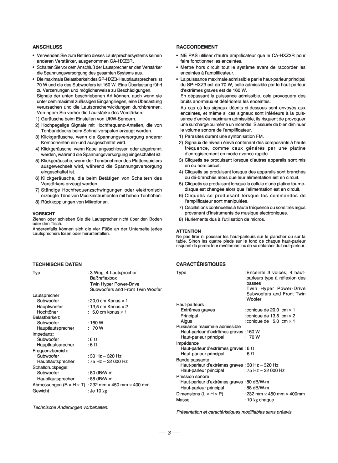JVC GVT0086-008A, CA-HXZ3R manual Anschluss, Raccordement, Technische Daten, Caractéristiques 