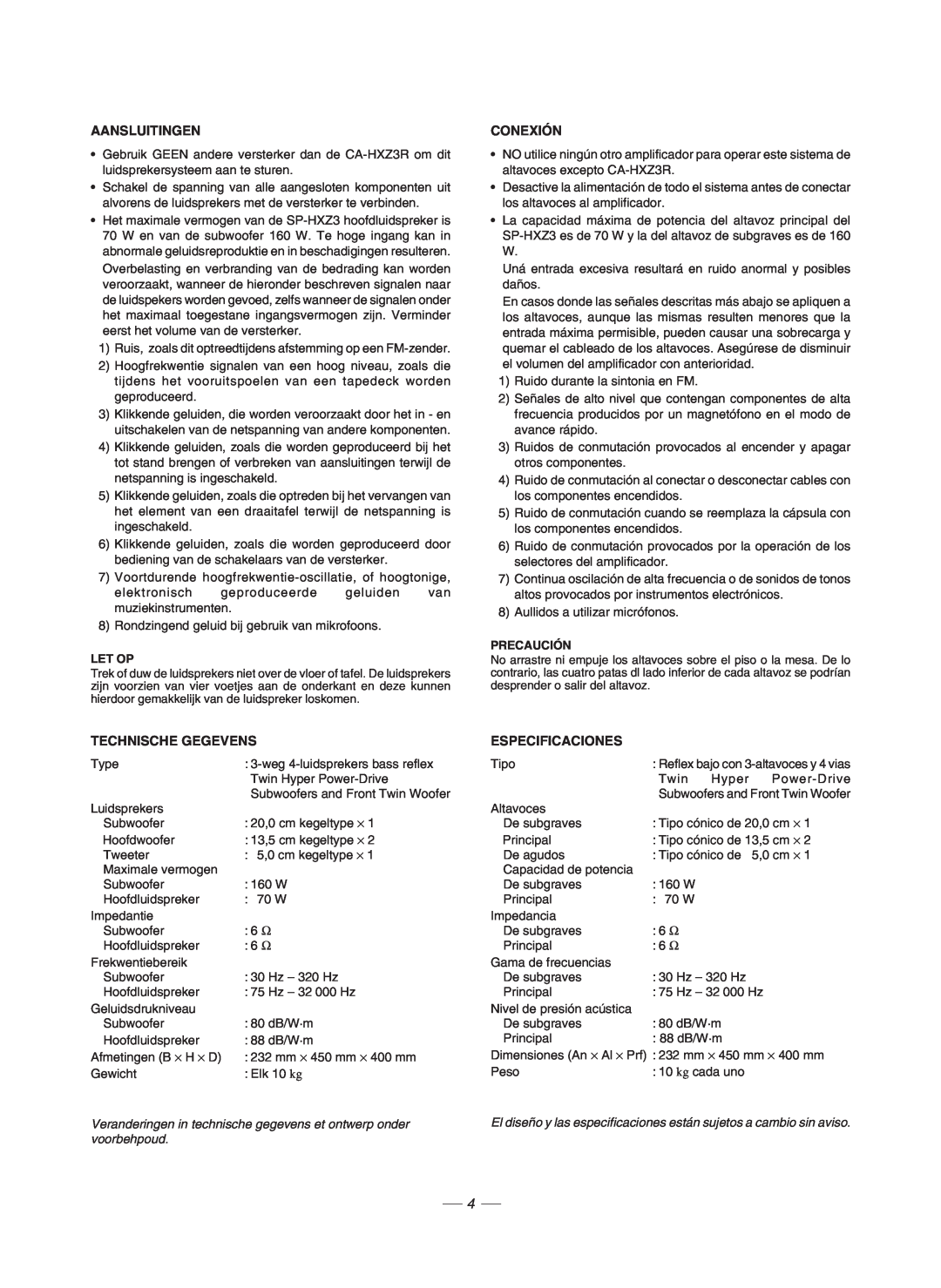 JVC CA-HXZ3R, GVT0086-008A manual Aansluitingen, Conexión, Technische Gegevens, Especificaciones 