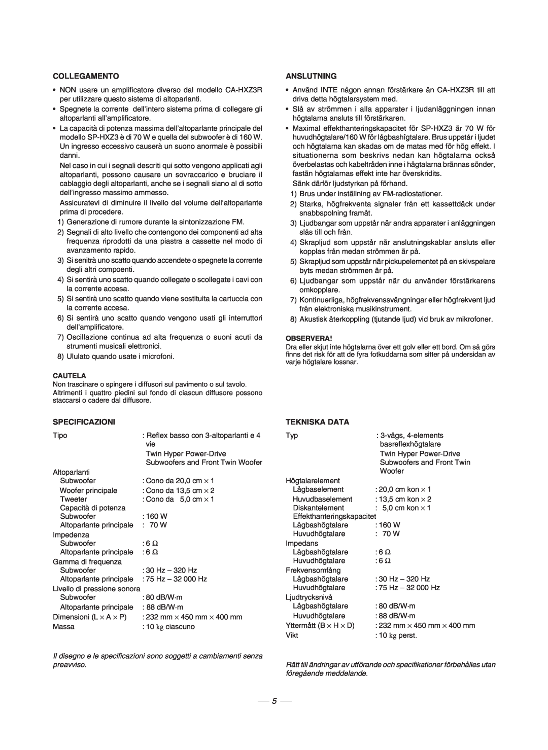 JVC GVT0086-008A, CA-HXZ3R manual Collegamento, Anslutning, Specificazioni, Tekniska Data 