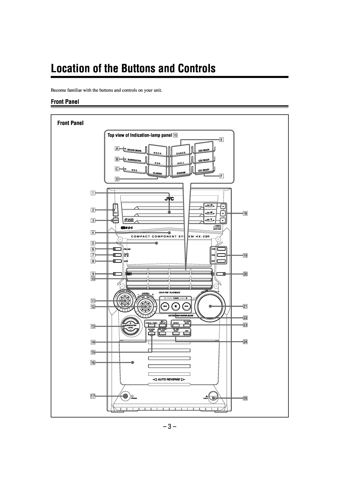 JVC GVT0086-008A, CA-HXZ3R Location of the Buttons and Controls, Front Panel, Mode, Lume O, Eset, Compact Digital Audio 