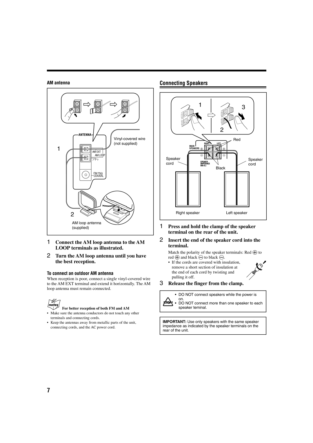 JVC GVT0115-005A manual Connecting Speakers, Release the finger from the clamp, To connect an outdoor AM antenna 