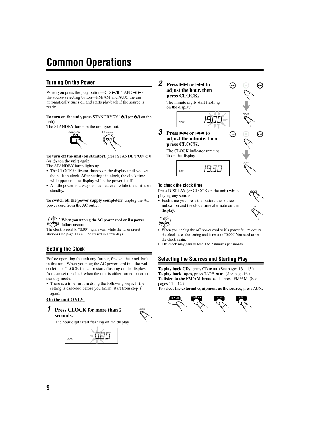 JVC GVT0115-005A manual Common Operations, Turning On the Power, Setting the Clock, Selecting the Sources and Starting Play 