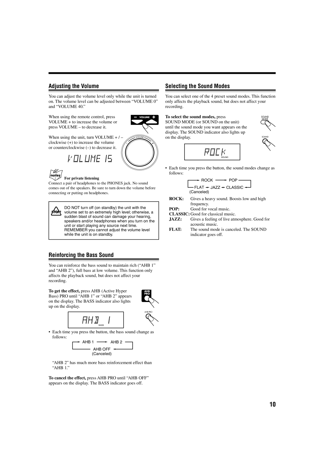 JVC GVT0115-005A manual Adjusting the Volume, Selecting the Sound Modes, Reinforcing the Bass Sound, For private listening 