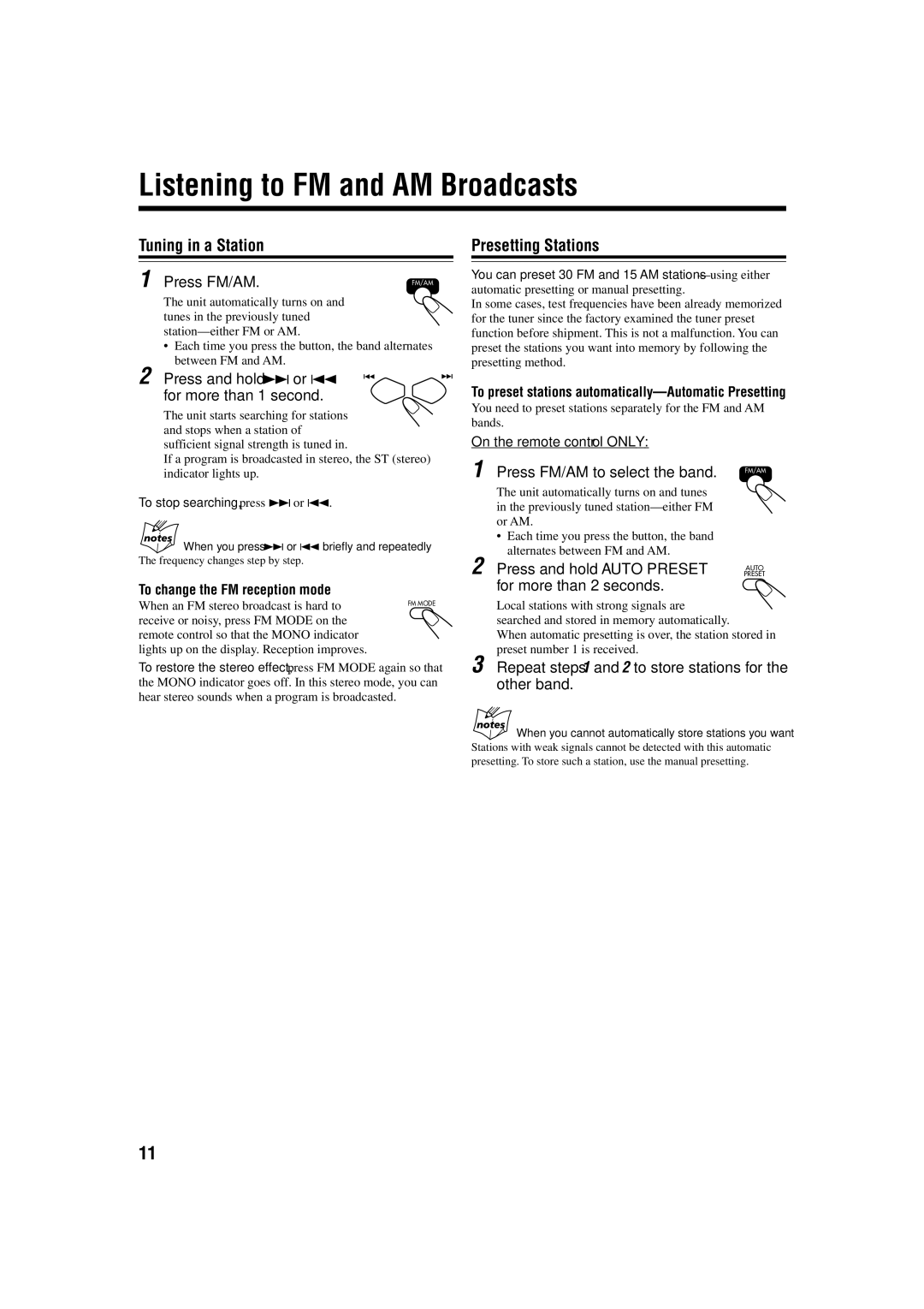 JVC GVT0115-005A manual Listening to FM and AM Broadcasts, Tuning in a Station, Presetting Stations 