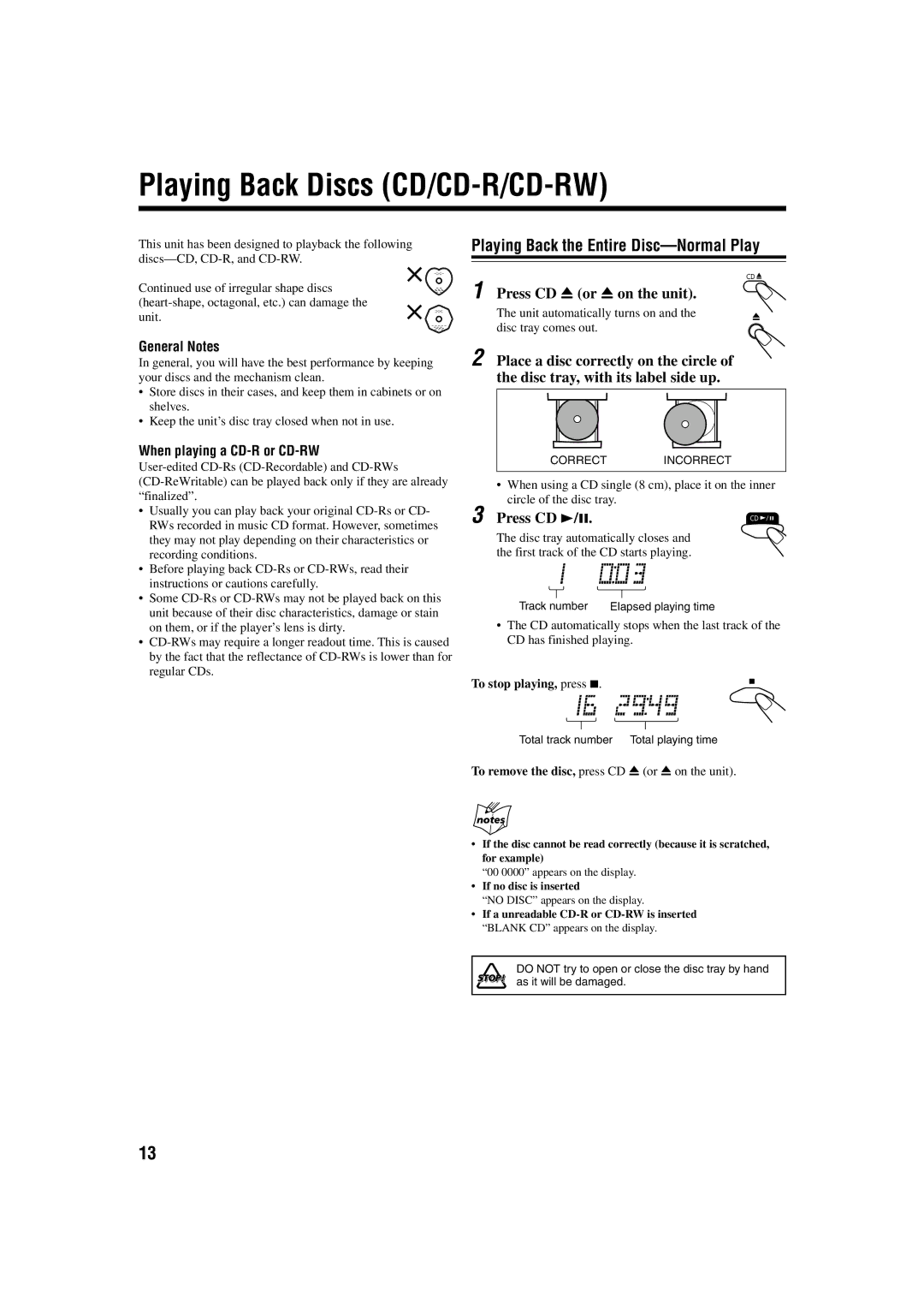 JVC GVT0115-005A Playing Back Discs CD/CD-R/CD-RW, Playing Back the Entire Disc-Normal Play, Press CD 0 or 0 on the unit 