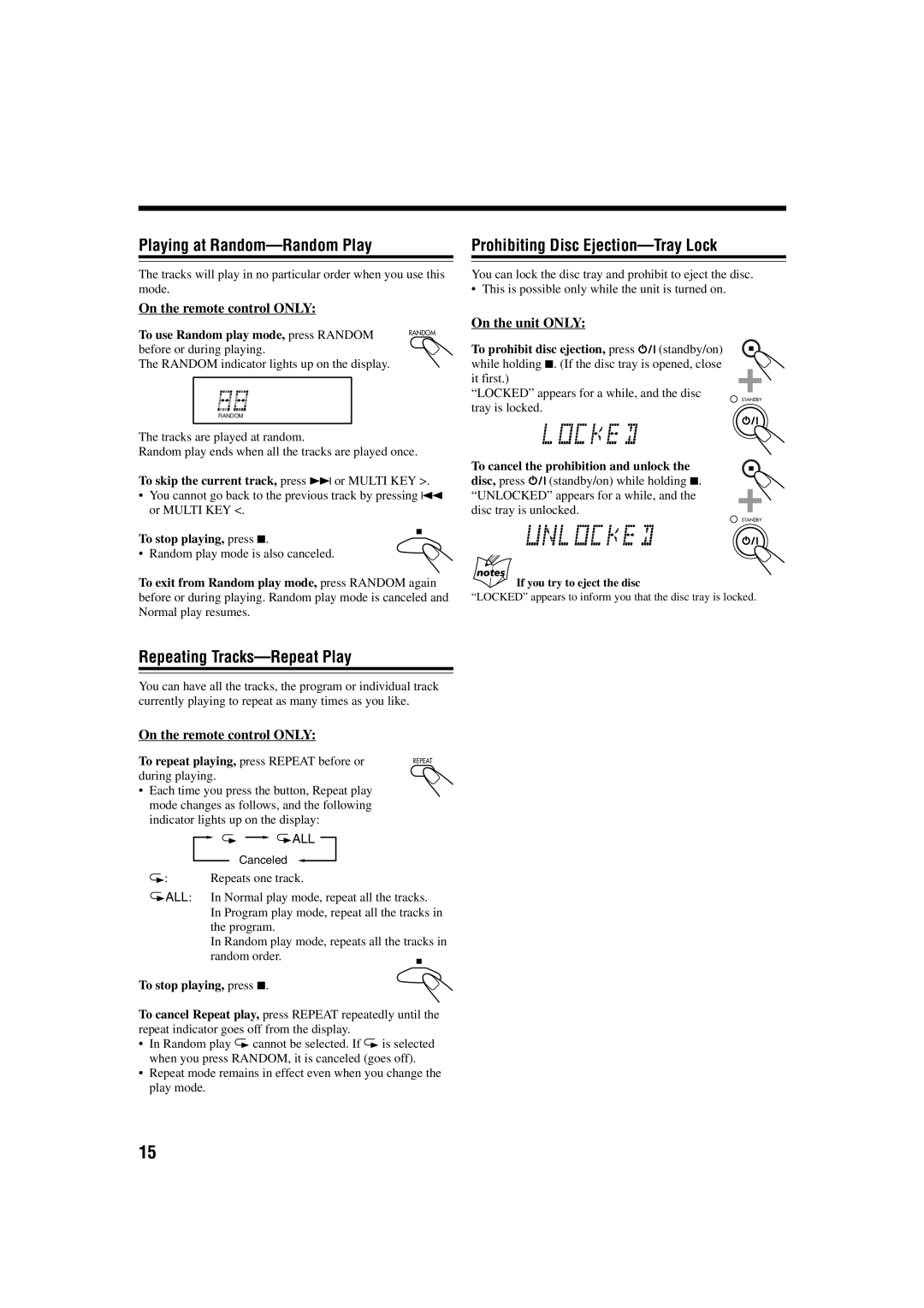JVC GVT0115-005A manual Playing at Random-Random Play, Repeating Tracks-Repeat Play, Prohibiting Disc Ejection-Tray Lock 