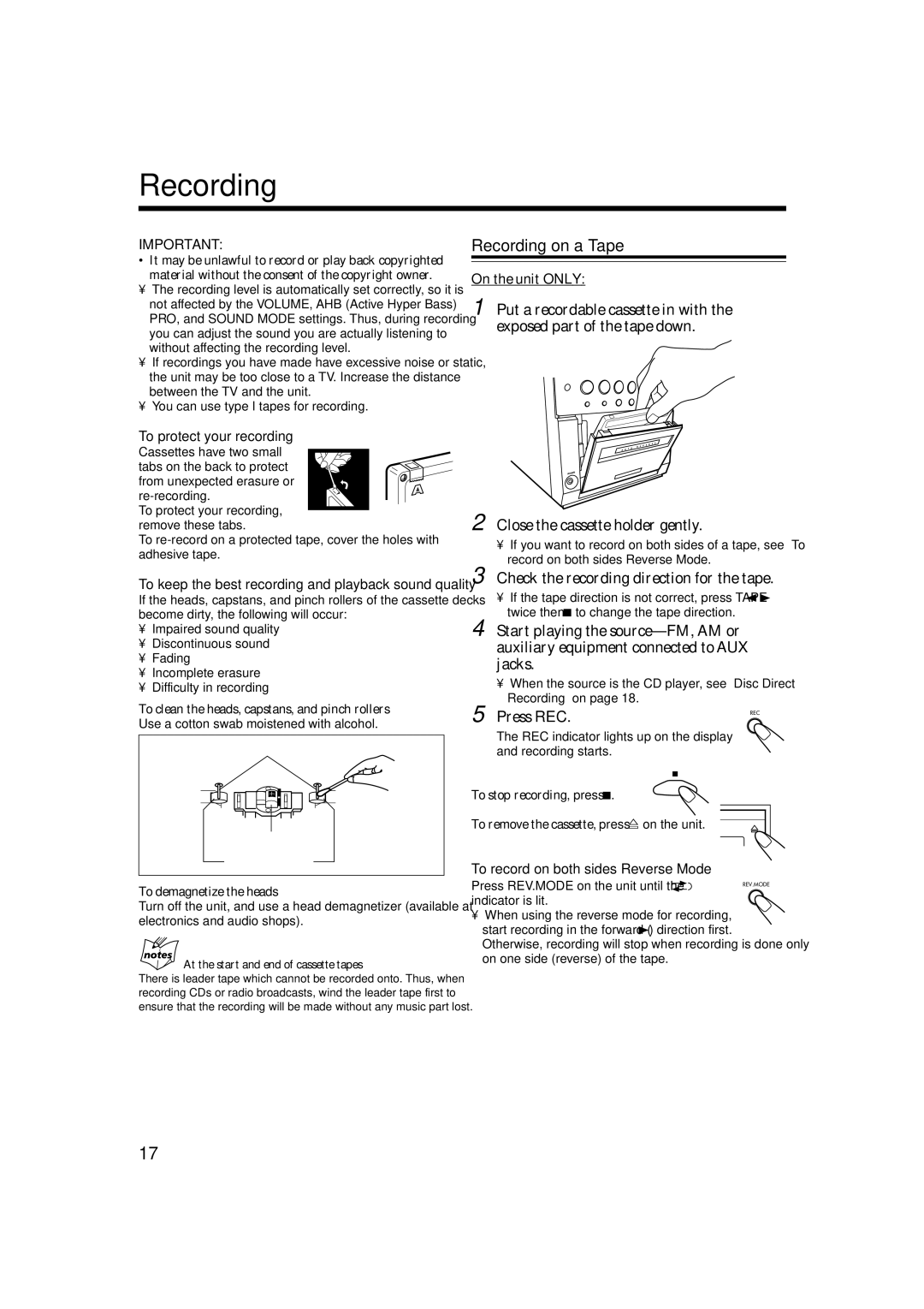 JVC GVT0115-005A manual Recording on a Tape, Check the recording direction for the tape, Press REC 