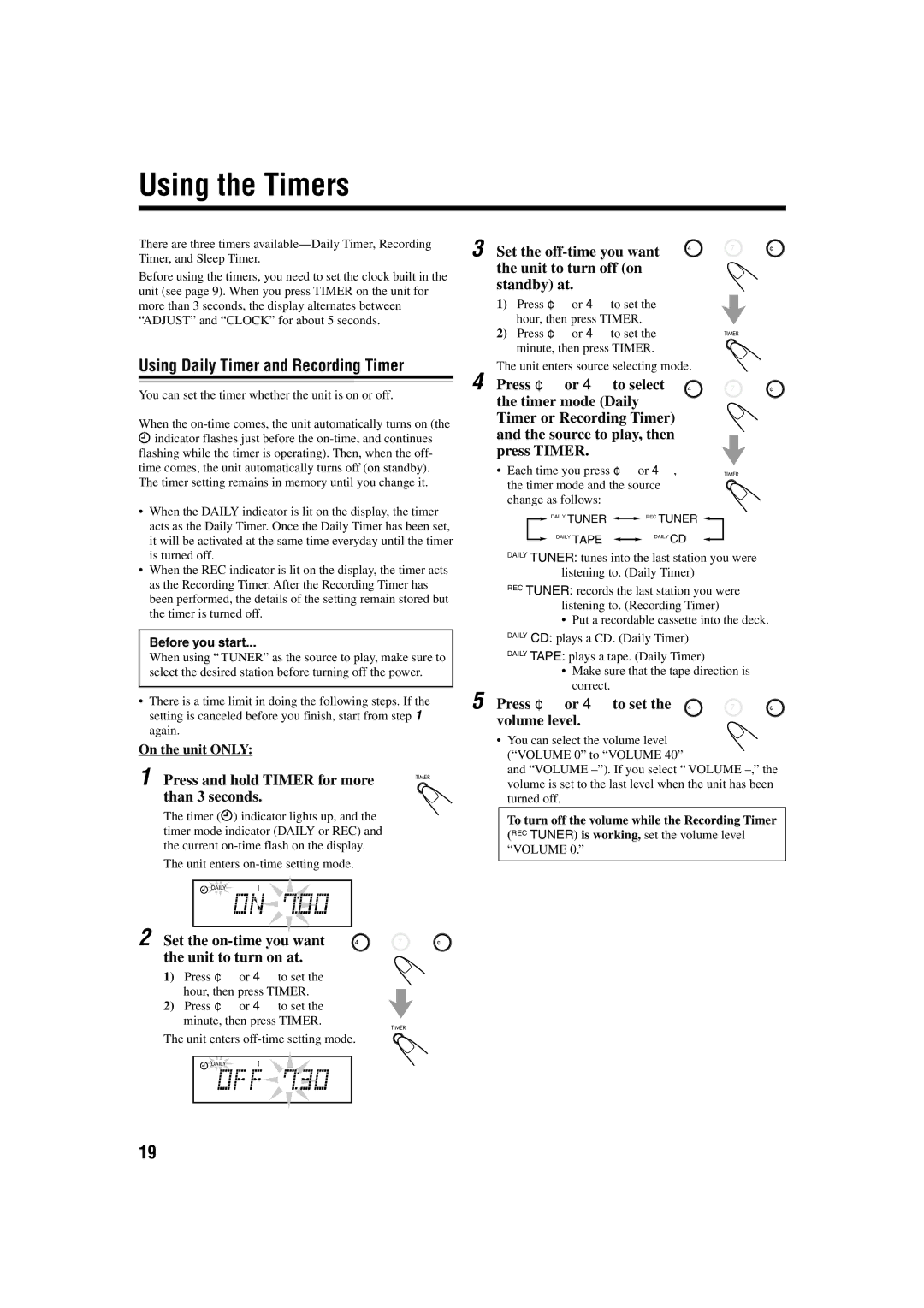 JVC GVT0115-005A manual Using the Timers, Using Daily Timer and Recording Timer 