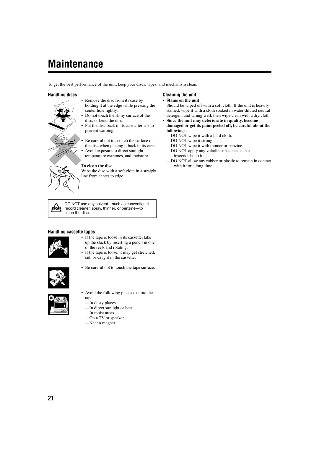 JVC GVT0115-005A manual Maintenance, Handling discs, Cleaning the unit, Handling cassette tapes 