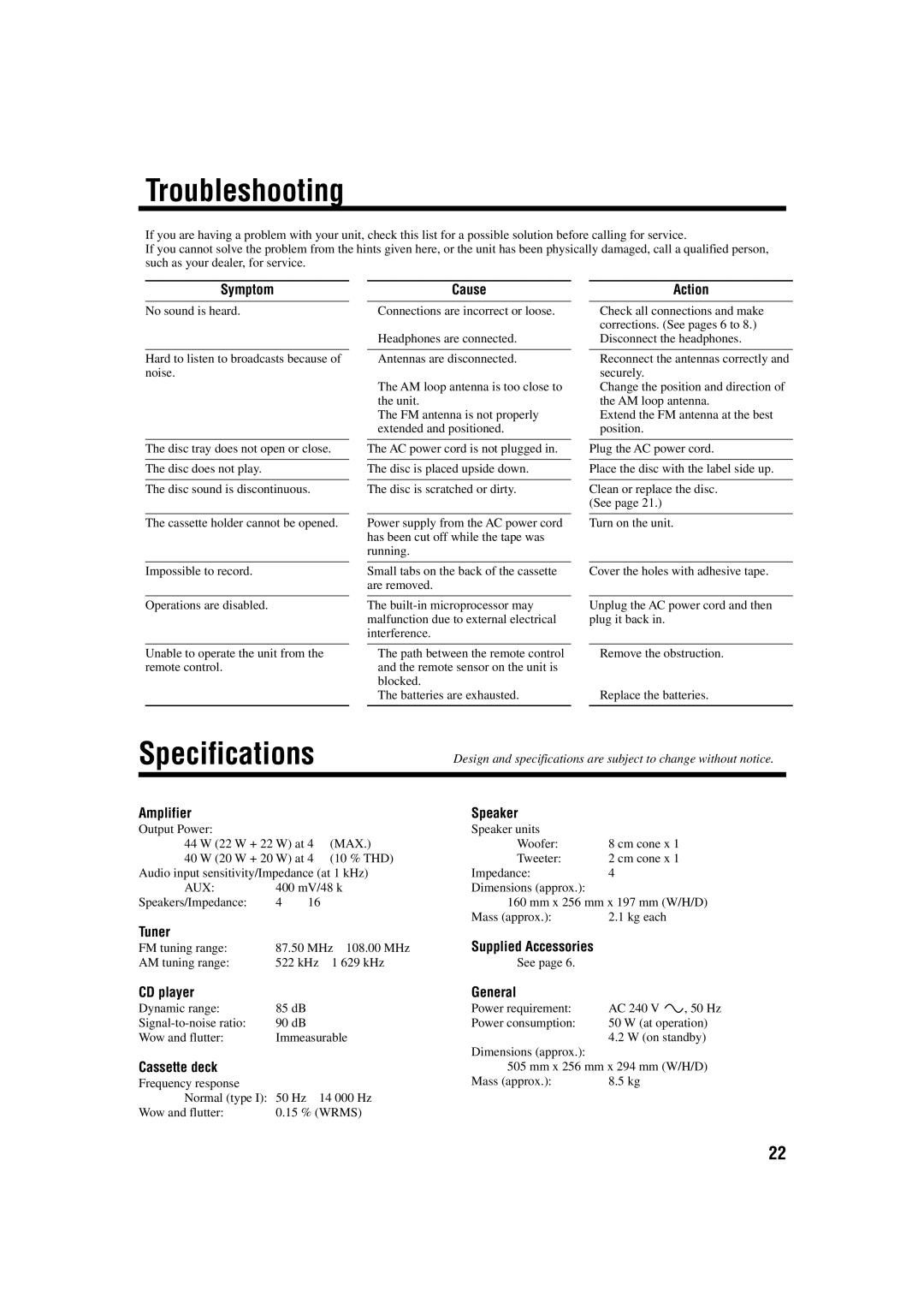 JVC GVT0115-005A manual Troubleshooting, Specifications 