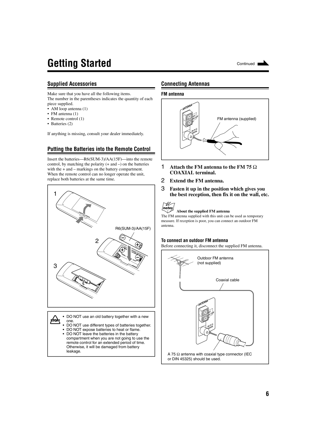 JVC GVT0115-005A manual Getting Started, Supplied Accessories Connecting Antennas, To connect an outdoor FM antenna 