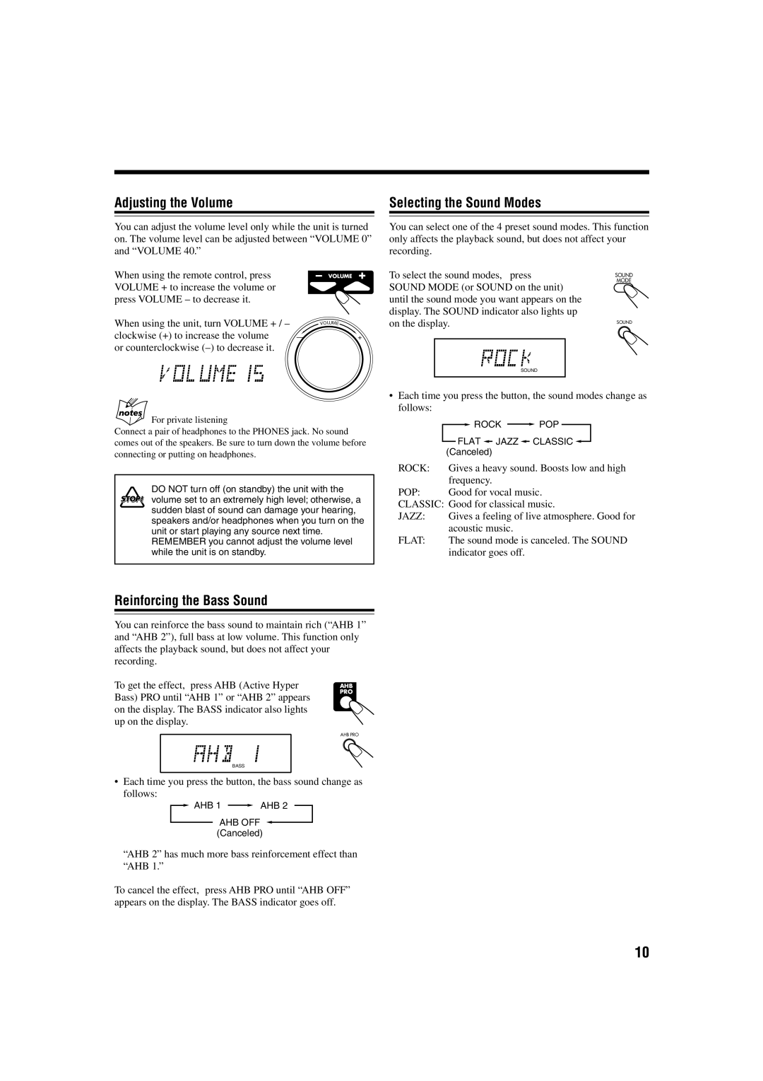 JVC GVT0115-008B manual Adjusting the Volume, Selecting the Sound Modes, Reinforcing the Bass Sound, For private listening 