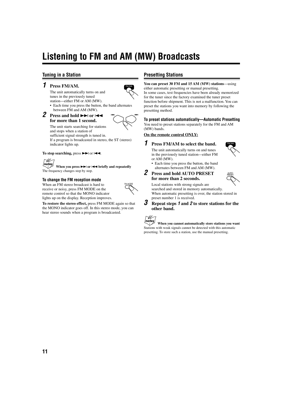 JVC GVT0115-008B manual Listening to FM and AM MW Broadcasts, Tuning in a Station, Presetting Stations 