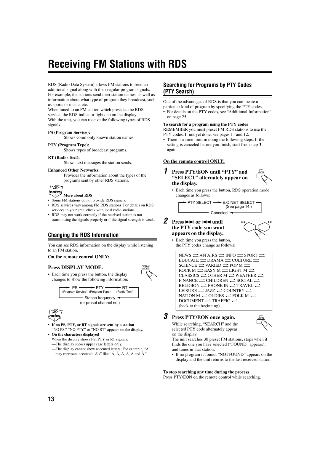 JVC GVT0115-008B manual Receiving FM Stations with RDS, Changing the RDS Information 