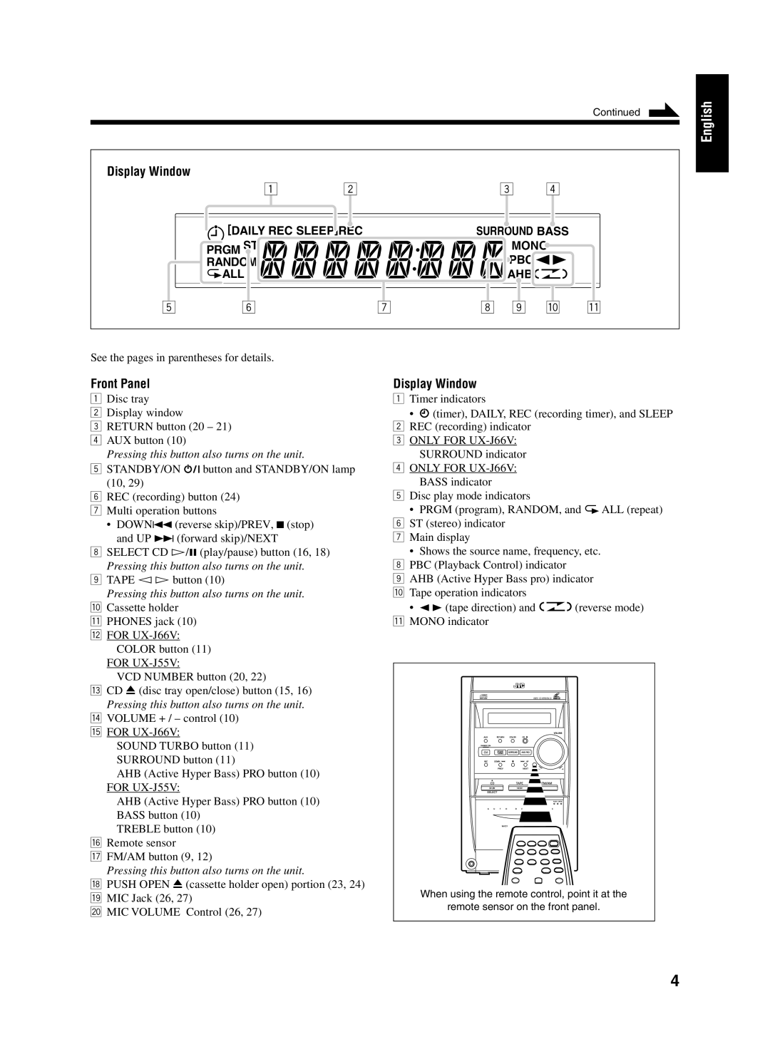 JVC UX-J55V manual 8 9 p q, Display Window, Random, Pressing this button also turns on the unit, English, Front Panel, Mono 