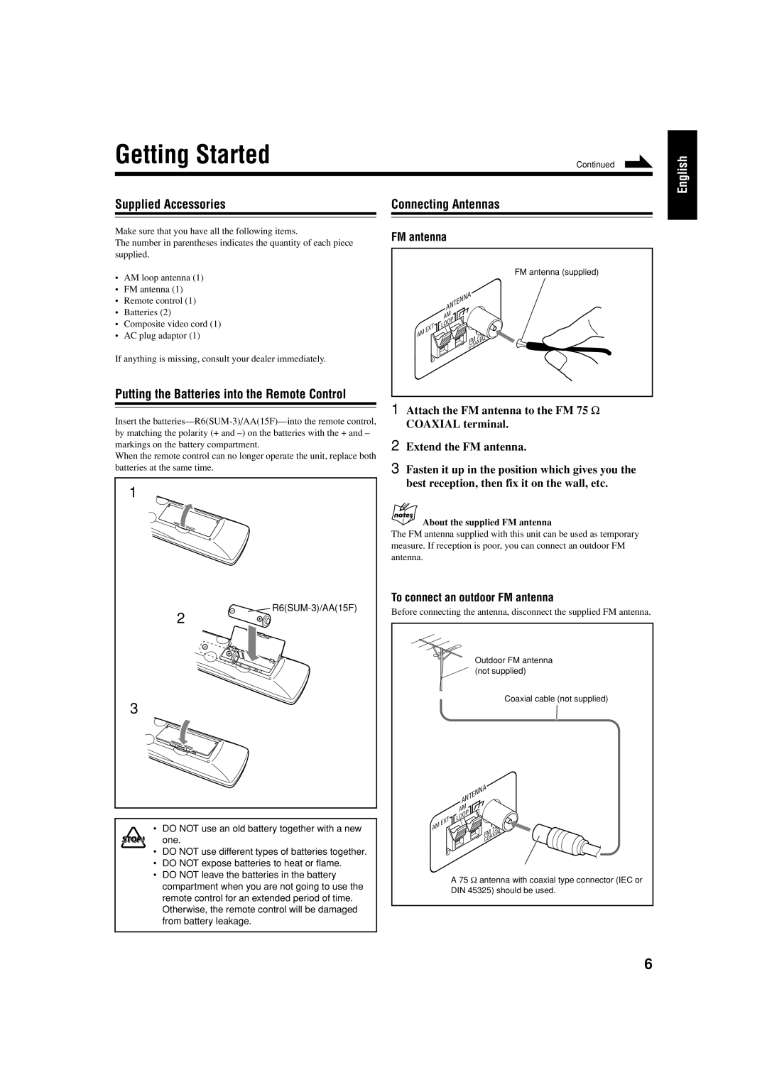 JVC CA-HXZ55D Getting Started, Supplied Accessories Connecting Antennas, Putting the Batteries into the Remote Control 