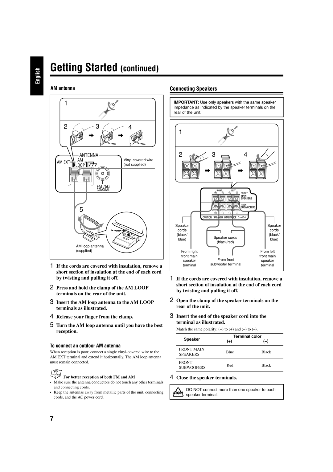 JVC GVT0119-001C, CA-HXZ77D manual Connecting Speakers, To connect an outdoor AM antenna, Close the speaker terminals 