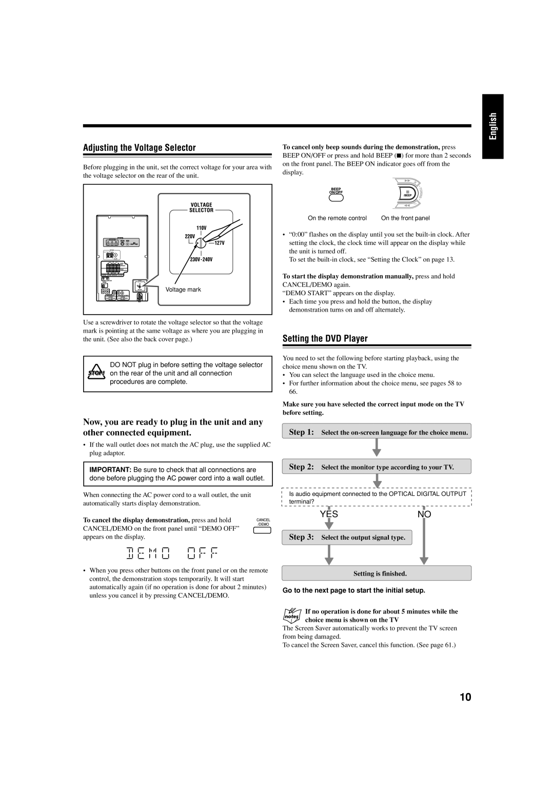 JVC GVT0119-001C Adjusting the Voltage Selector, Setting the DVD Player, Select the output signal type Setting is finished 