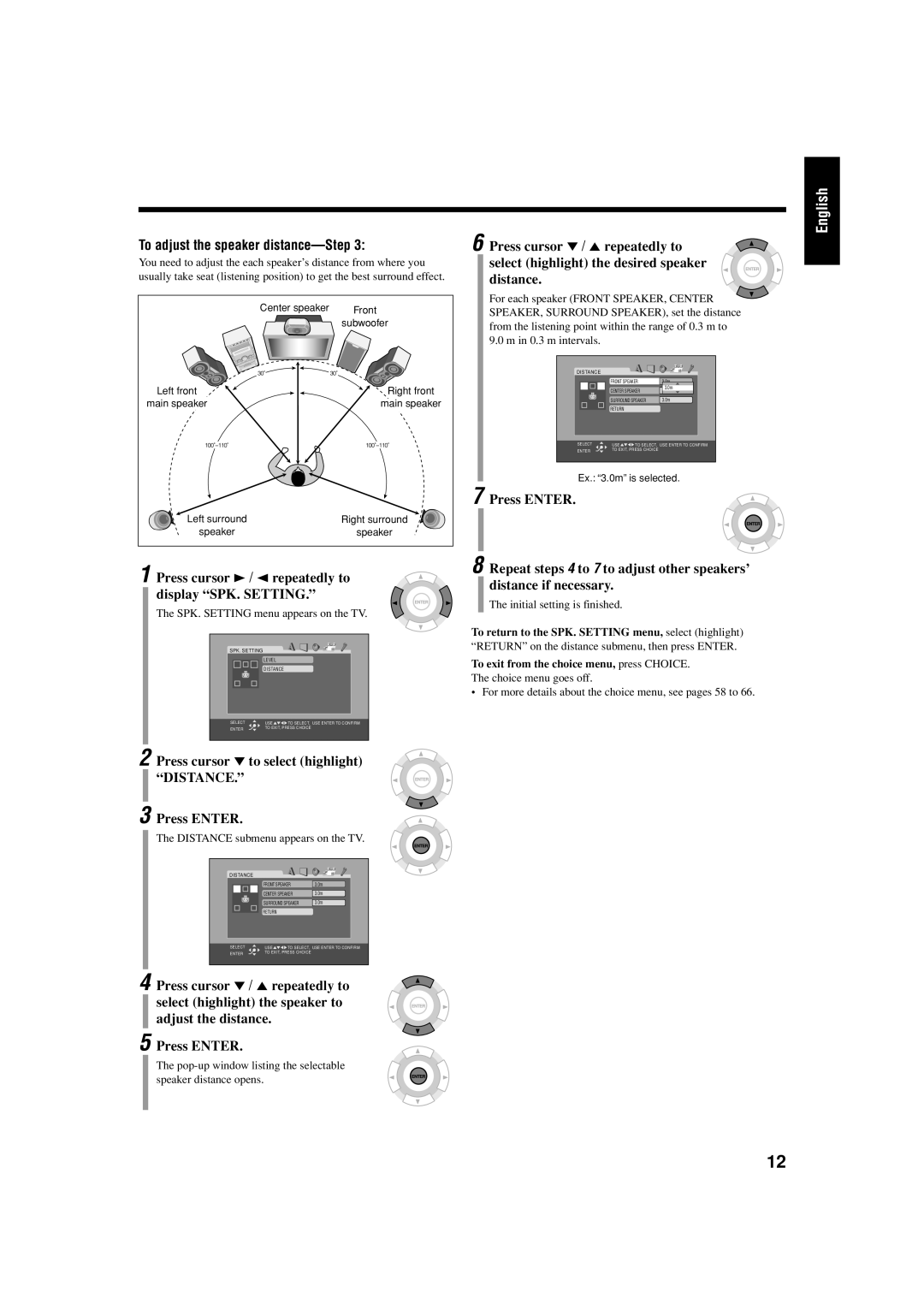 JVC CA-HXZ55D, GVT0119-001C, CA-HXZ77D manual To adjust the speaker distance-Step, Press cursor ∞ / 5 repeatedly to, Distance 