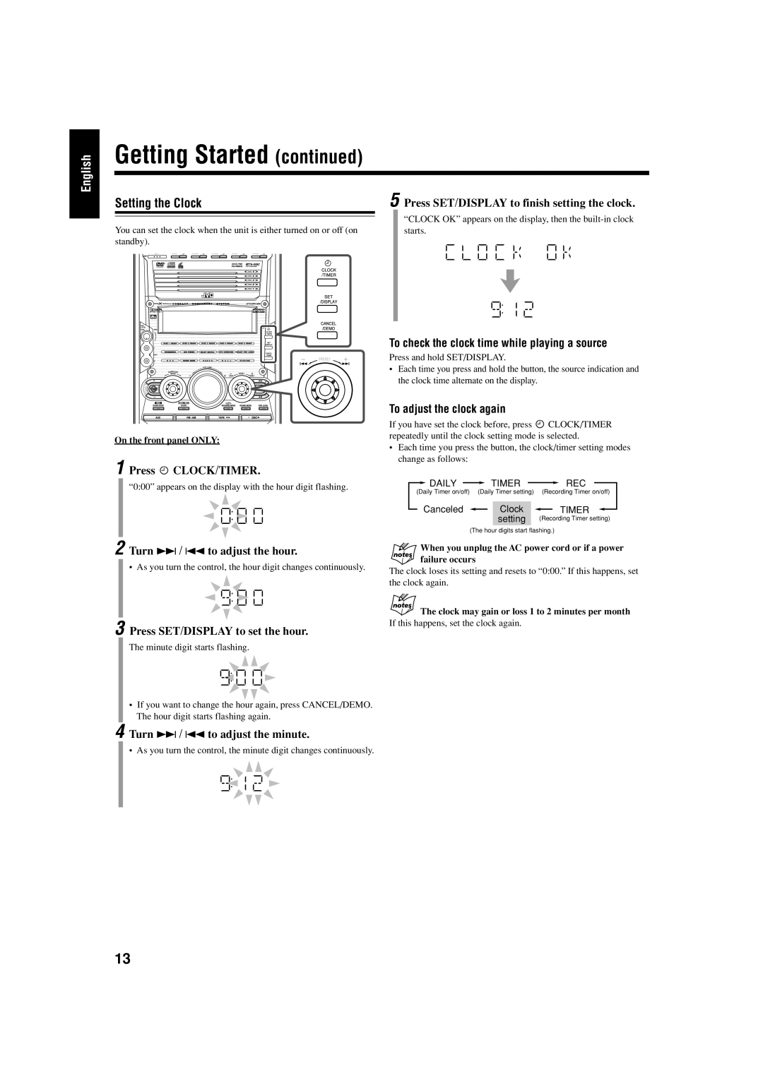 JVC GVT0119-001C, CA-HXZ77D Setting the Clock, To check the clock time while playing a source, To adjust the clock again 