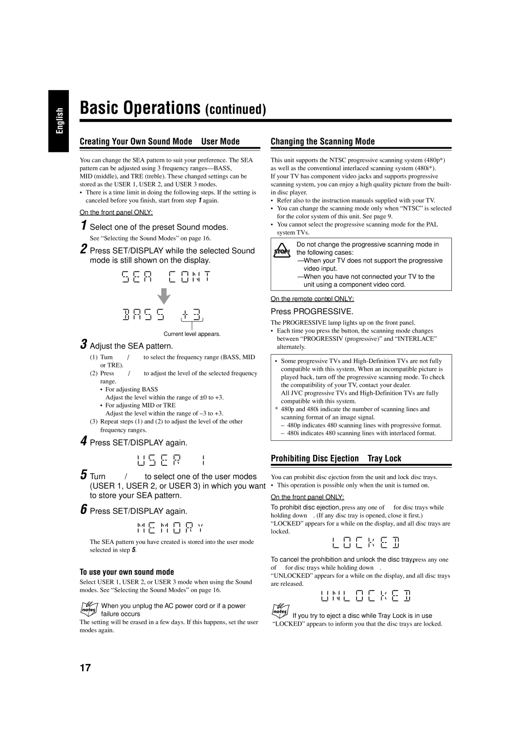 JVC CA-HXZ77D Creating Your Own Sound Mode-User Mode, Changing the Scanning Mode, Prohibiting Disc Ejection-Tray Lock 