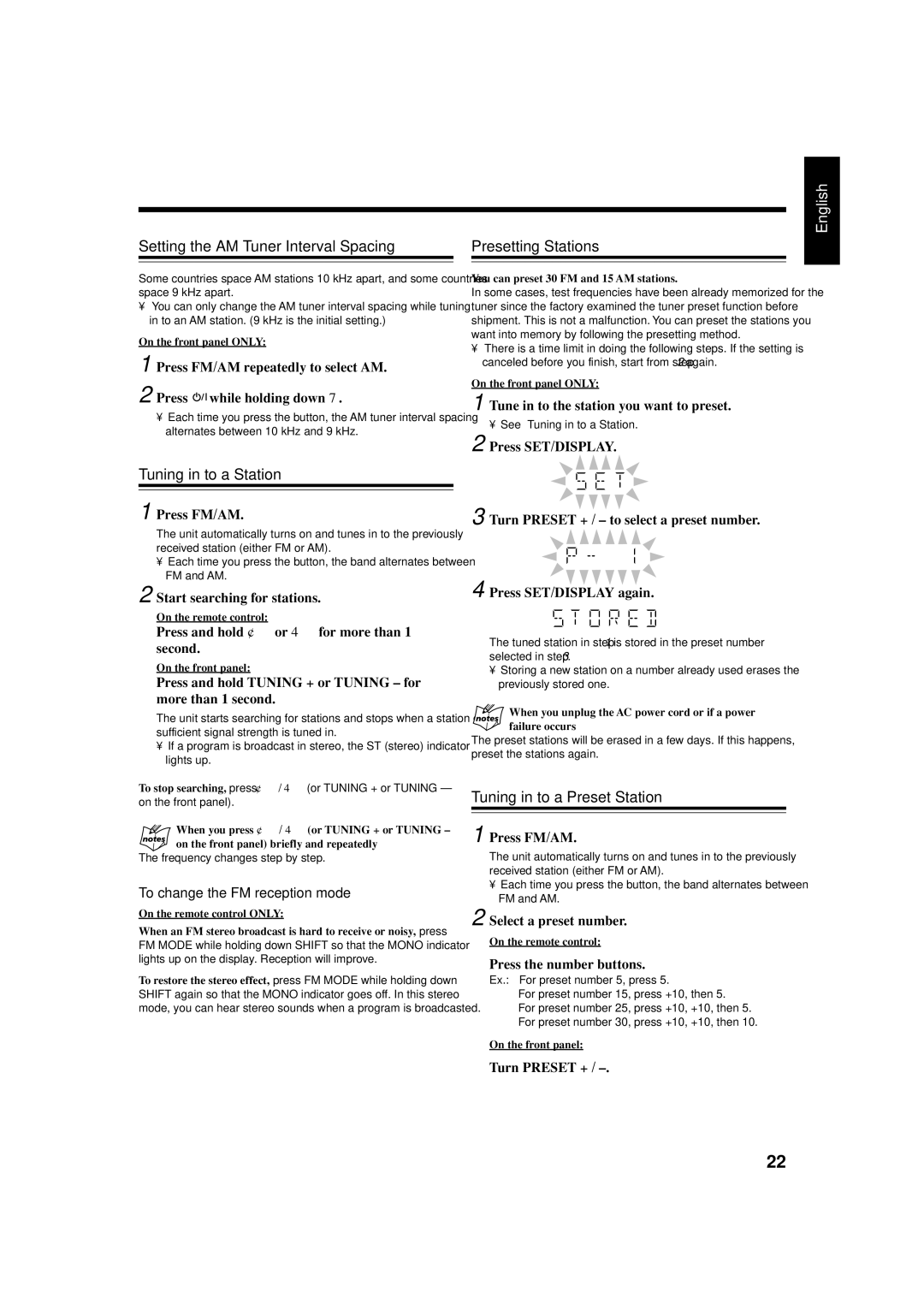 JVC GVT0119-001C, CA-HXZ77D, CA-HXZ55D Setting the AM Tuner Interval Spacing, Presetting Stations, Tuning in to a Station 