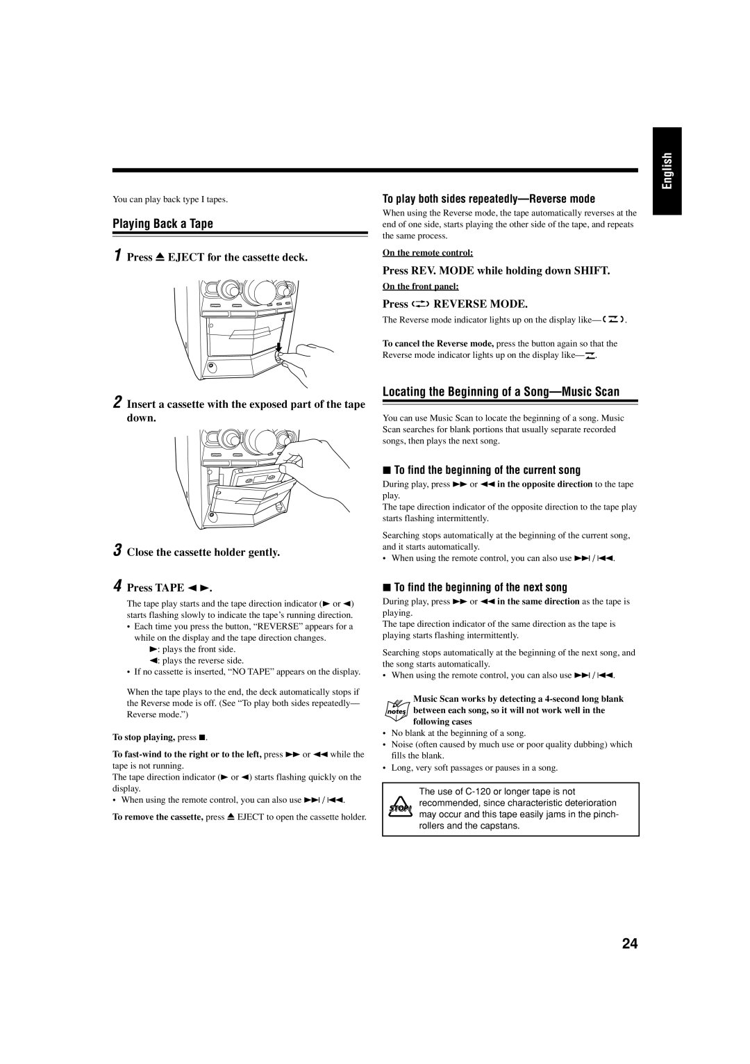 JVC CA-HXZ55D Playing Back a Tape, Locating the Beginning of a Song-Music Scan, To play both sides repeatedly-Reverse mode 
