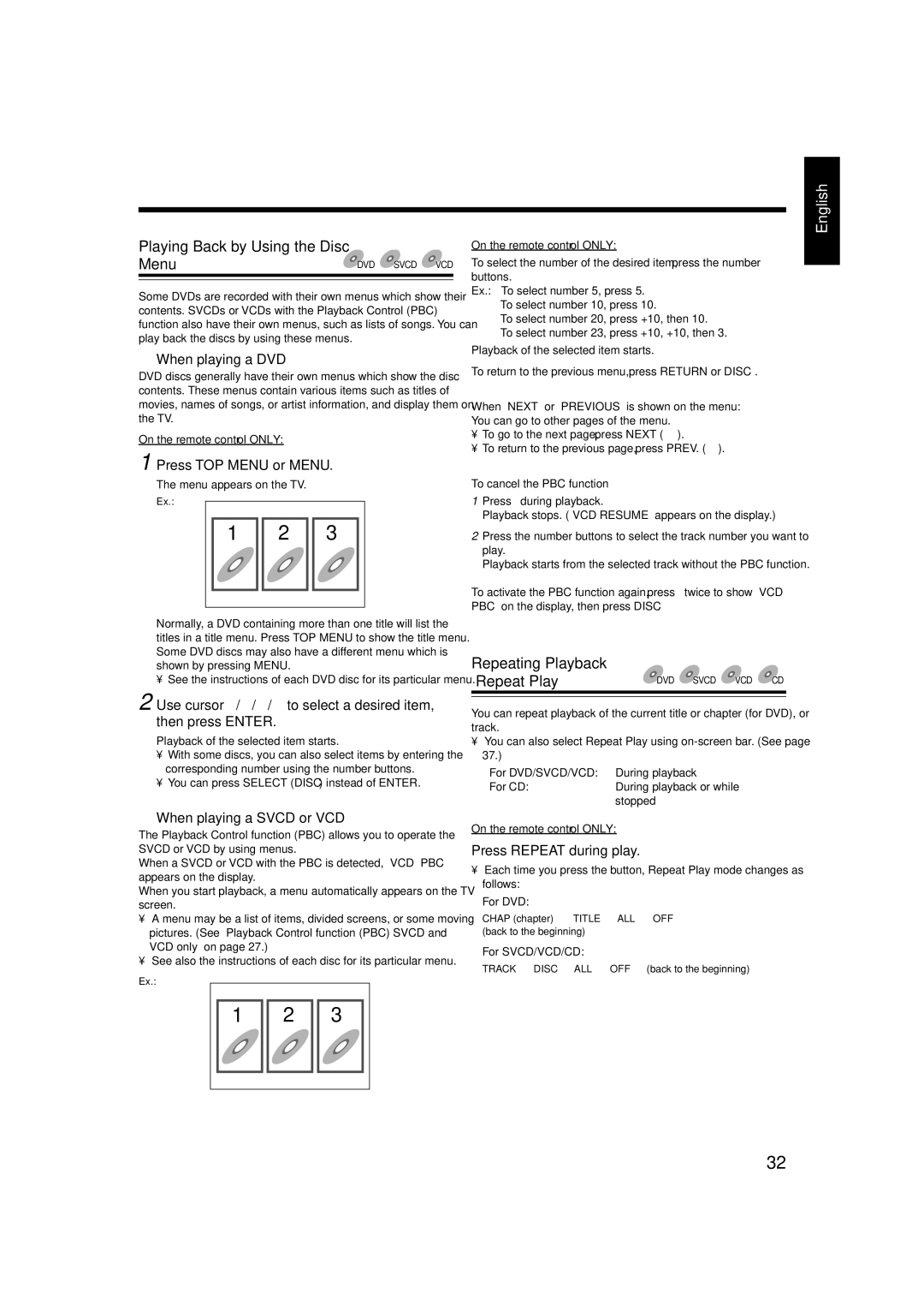 JVC CA-HXZ77D, GVT0119-001C manual Playing Back by Using the Disc Menu, Repeating Playback Repeat Play, When playing a DVD 