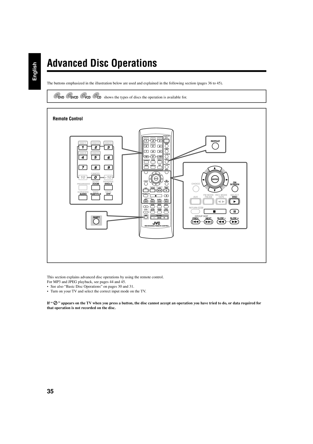 JVC CA-HXZ77D, GVT0119-001C, CA-HXZ55D Advanced Disc Operations, CD shows the types of discs the operation is available for 