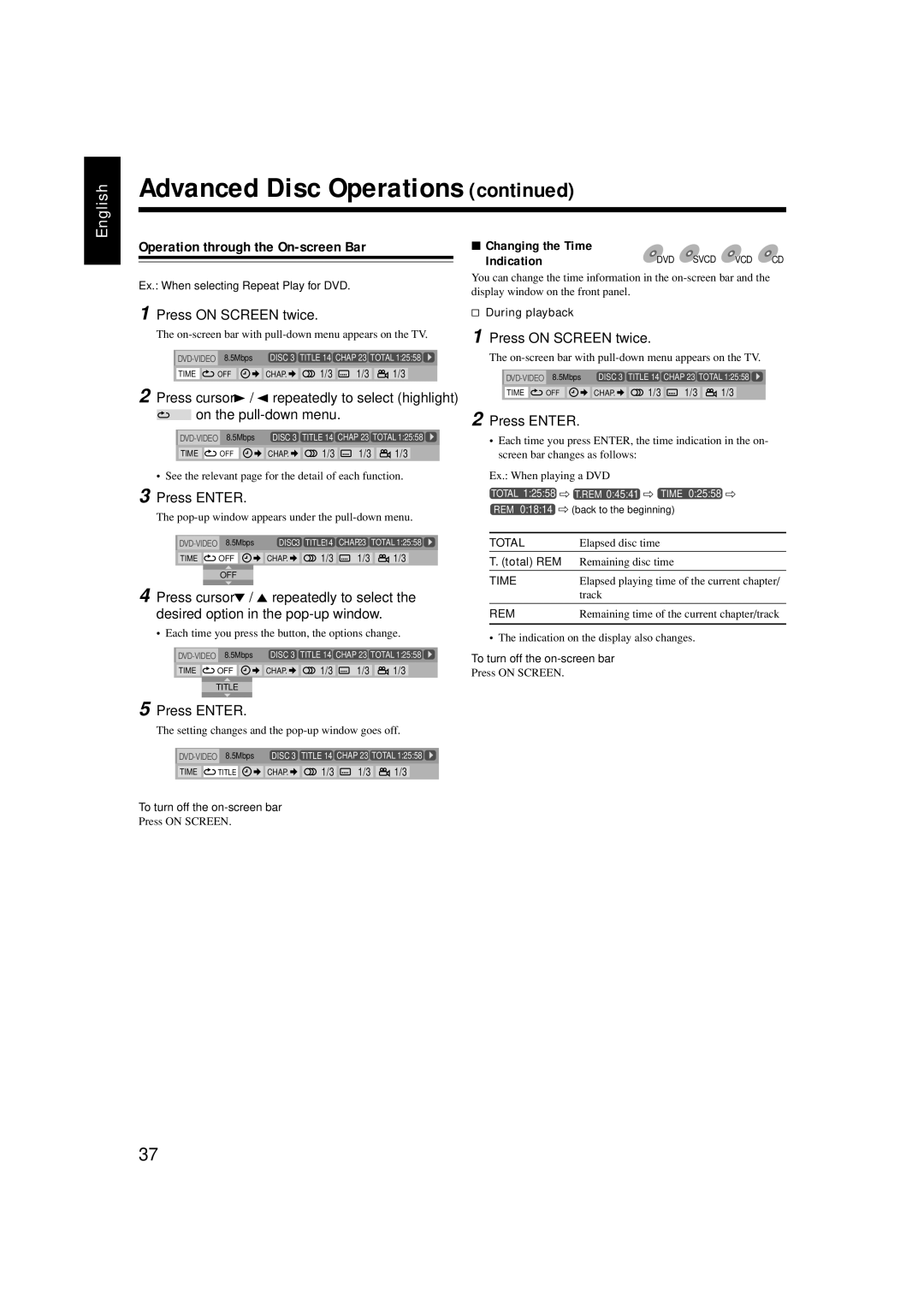 JVC GVT0119-001C, CA-HXZ77D manual Operation through the On-screen Bar, Changing the Time Indication, Press on Screen twice 