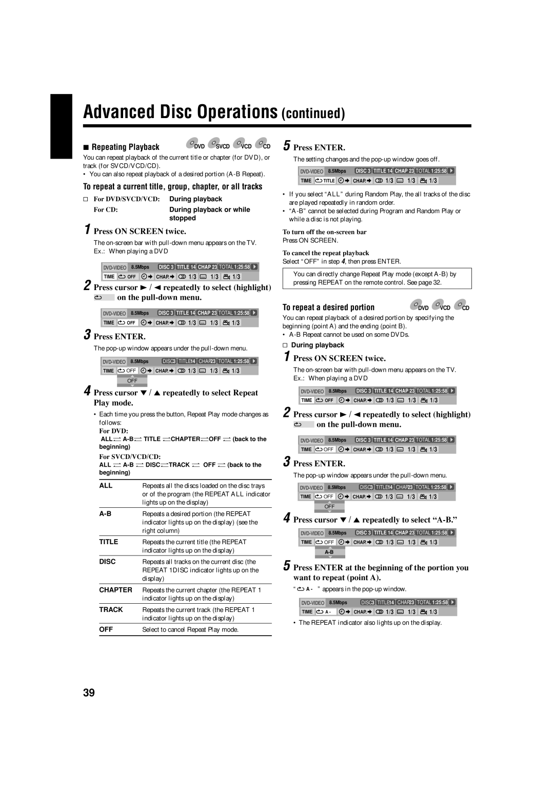 JVC CA-HXZ55D Repeating Playback, Press cursor ∞ / 5 repeatedly to select Repeat Play mode, To repeat a desired portion 