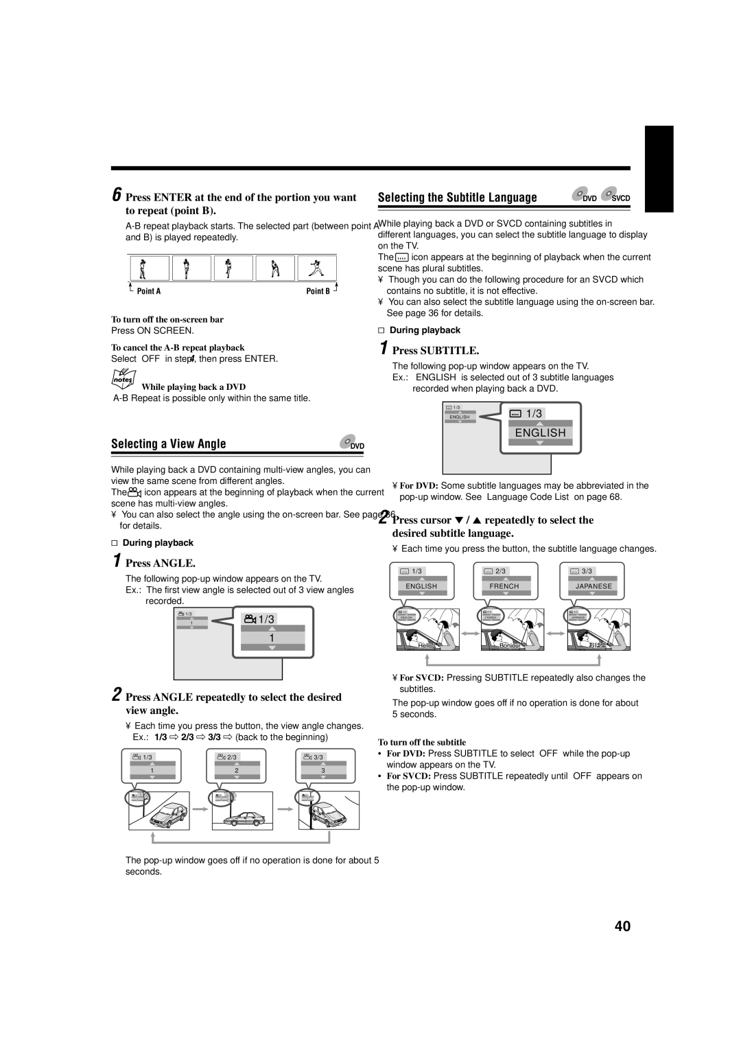 JVC GVT0119-001C, CA-HXZ77D, CA-HXZ55D Selecting a View Angle, Selecting the Subtitle Language, Press Angle, Press Subtitle 