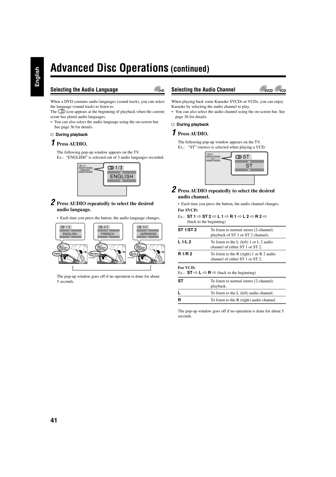 JVC CA-HXZ77D, GVT0119-001C, CA-HXZ55D manual Selecting the Audio Language, Selecting the Audio Channel, Press Audio 