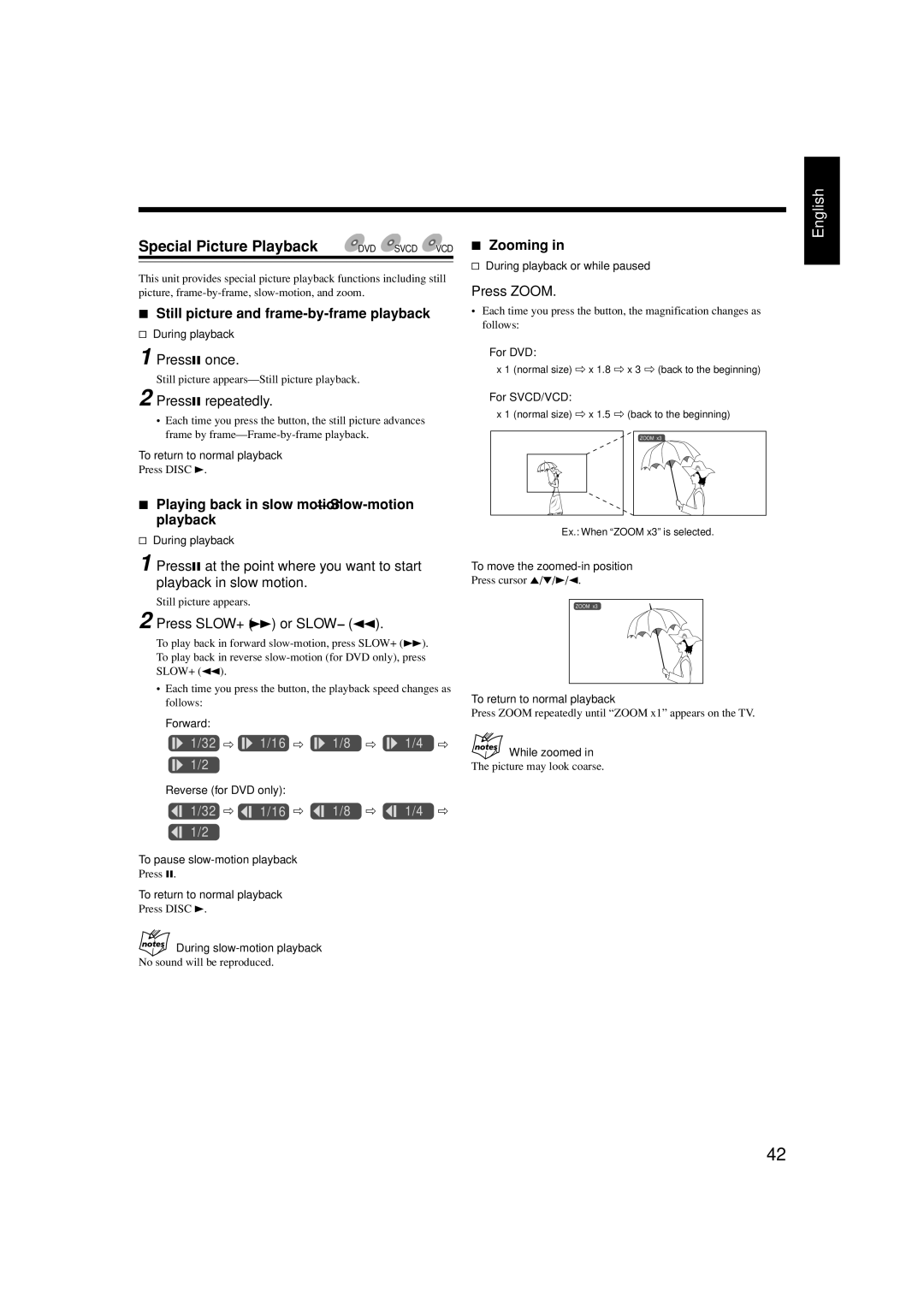 JVC CA-HXZ55D, GVT0119-001C, CA-HXZ77D manual Special Picture Playback, Still picture and frame-by-frame playback, Zooming 