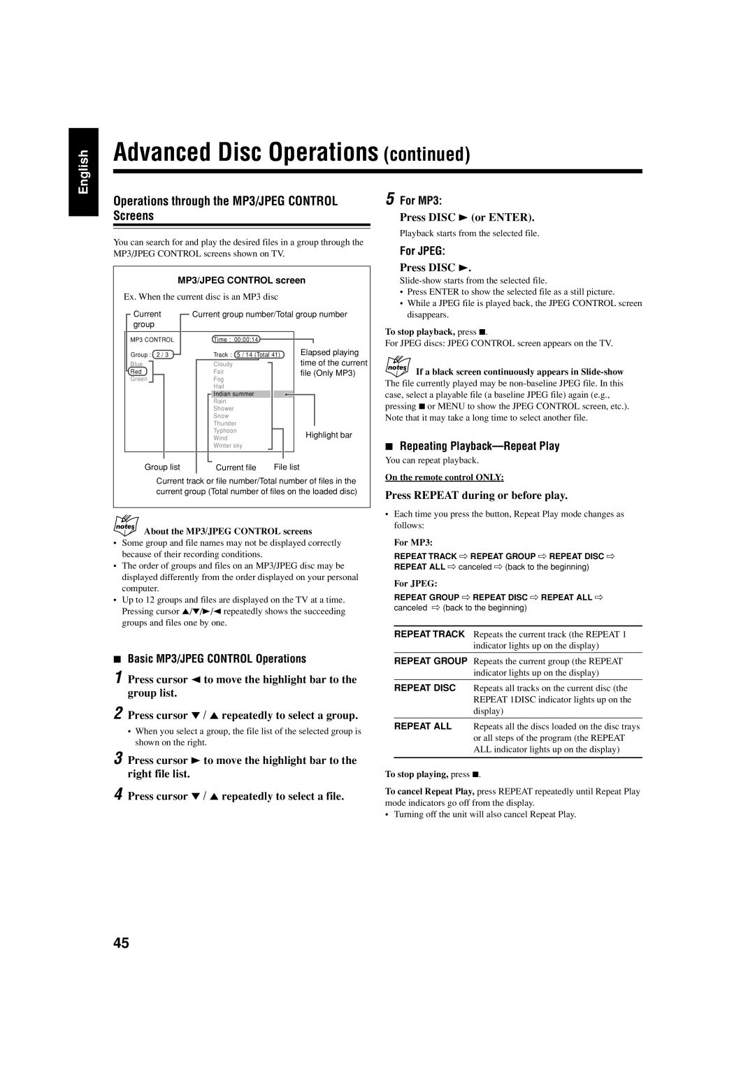 JVC CA-HXZ55D manual Operations through the MP3/JPEG Control Screens, For MP3, For Jpeg, Repeating Playback-Repeat Play 