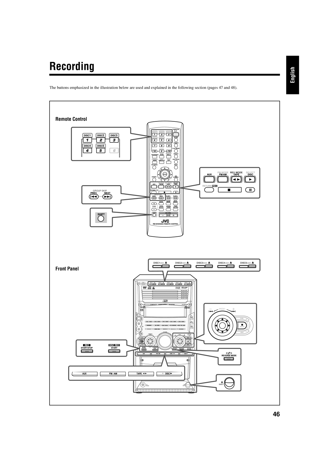 JVC GVT0119-001C, CA-HXZ77D, CA-HXZ55D manual Recording, Remote Control 