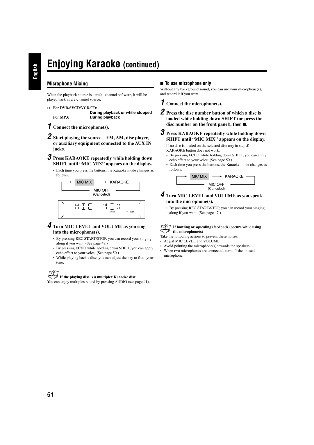 JVC CA-HXZ55D manual Microphone Mixing, To use microphone only, Turn MIC Level and Volume as you speak into the microphones 